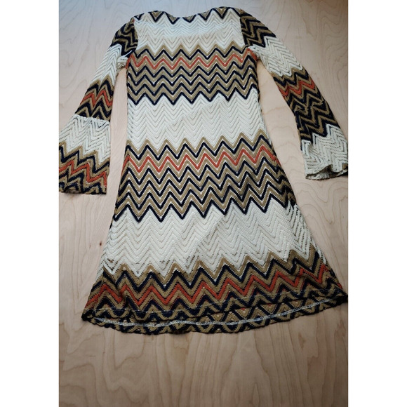 Tacera Womens Size Small Brown Ivory Orange Black Zig Zag Mini Dress Bell Sleeve - Picture 8 of 11